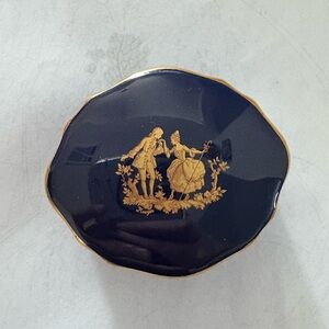 Limoges Artistique F.M France Porcelain Trinket Box Cobalt Blue with Gold Couple